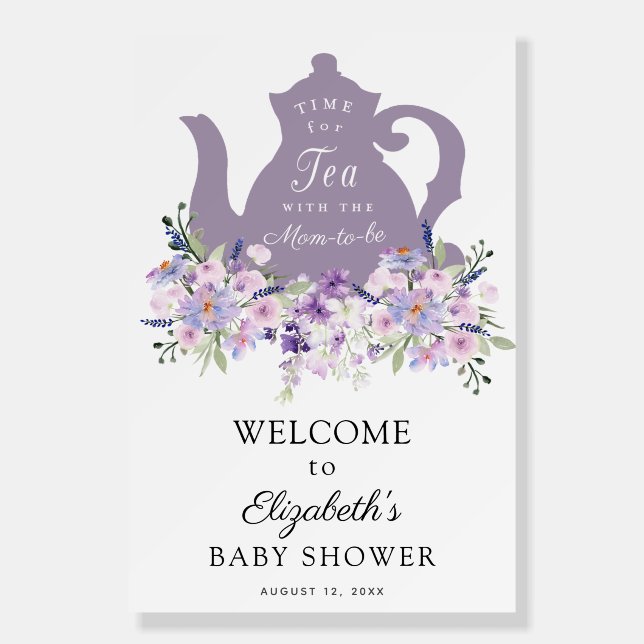 Tea Time Purple Baby Shower Welcome Sign (Front)