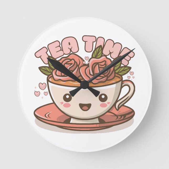 Tea Time Rose Tea Kawaii Round Clock (Front)