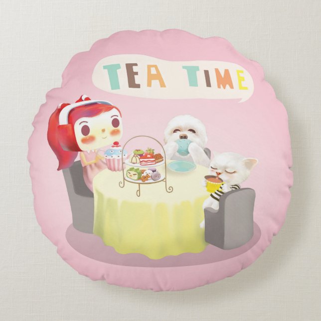 Tea Time Round Pillow (Front)