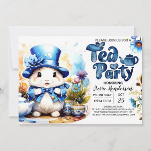 Tea Time Tails Blue Bunny Baby Shower Invitation