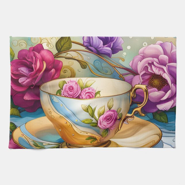 Tea Time - Tea Cup Art  Kitchen Towel (Horizontal)