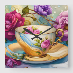 Tea Time - Tea Cup Art  Square Wall Clock