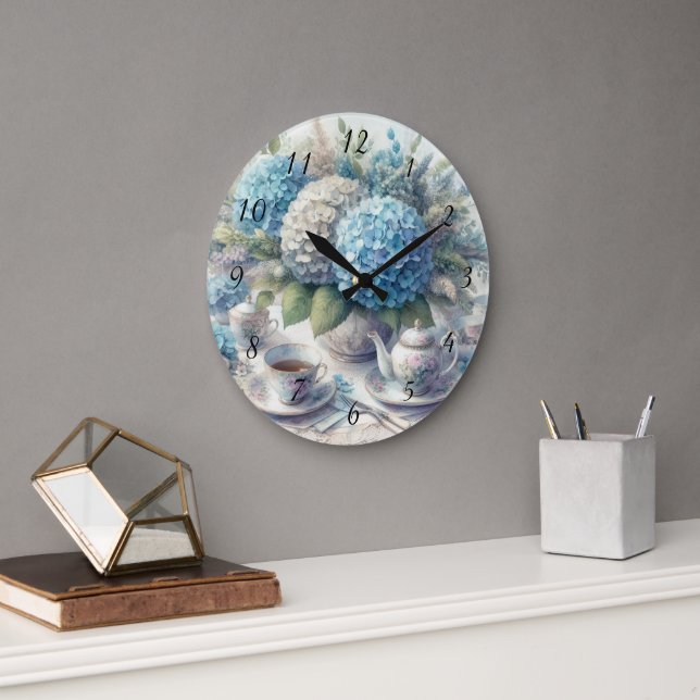 Tea Time Teapot and Blue Hydrangia Wall Clock (Office)