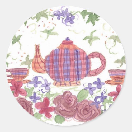 Tea Time Teapot and Flowers Classic Round Sticker