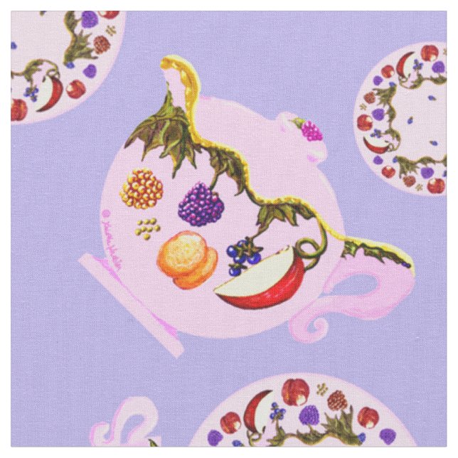 Tea Time Teapot Teacup Plate Copper Kettle pattern Fabric (Close Up)