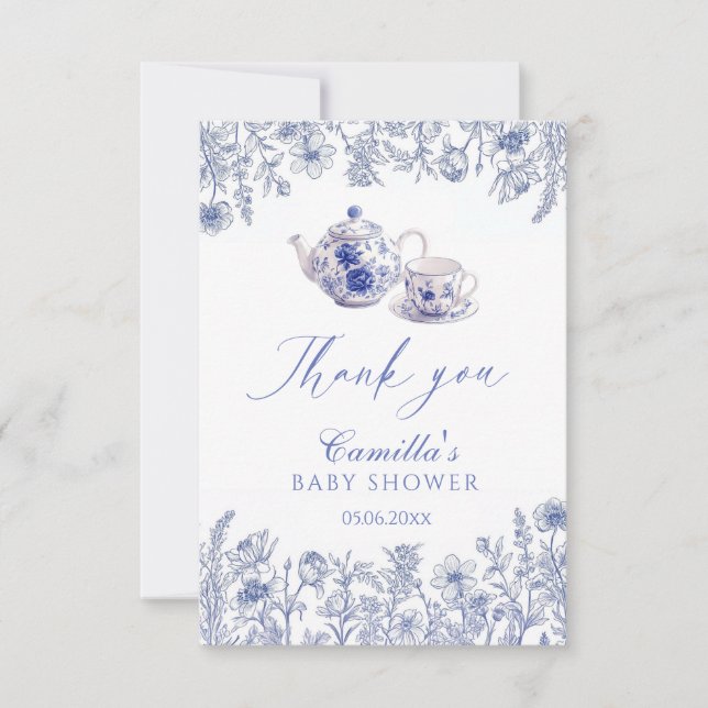 Tea Time Toile Themed Baby Shower Thank You Card (Front)