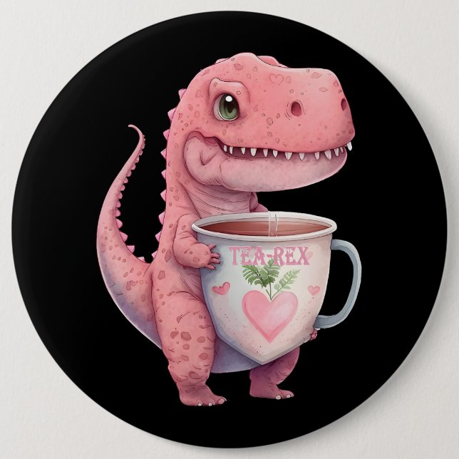 Tea Time TRex Dinosaur Cute Funny Chibi Kawaii Button (Front)