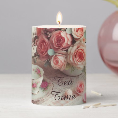 Tea Time Vintage Teacup Pink Rose Pillar Candle