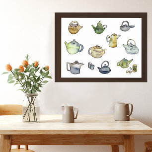Tea Time Watercolor Teapots Hand-painted Art Poster