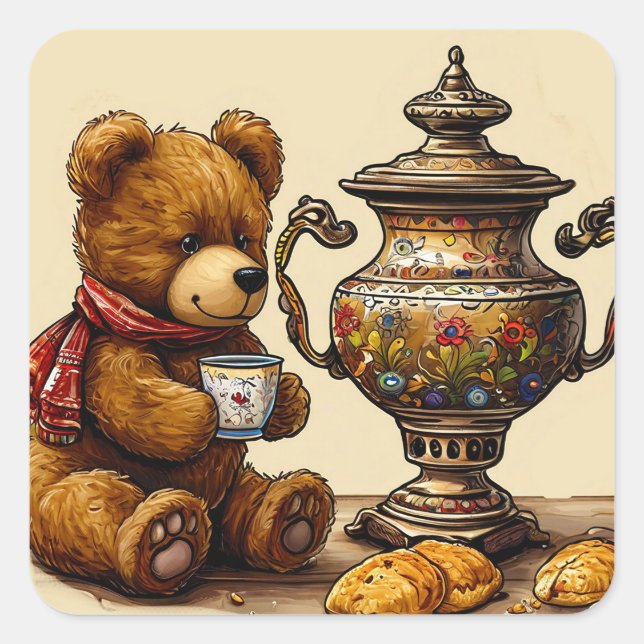 Tea time with bear square sticker (Front)