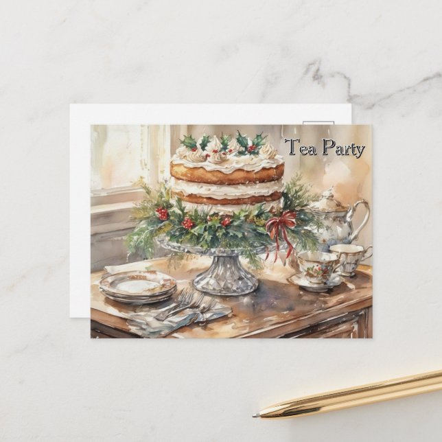 Tea Time with Cake Tea Party  Holiday Postcard (Front/Back In Situ)