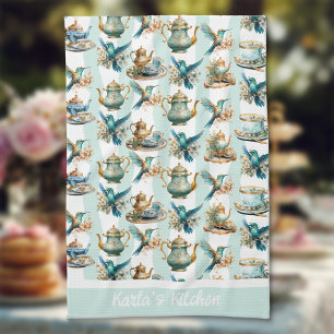 Tea Time With Hummingbirds Monogrammed Kitchen Towel