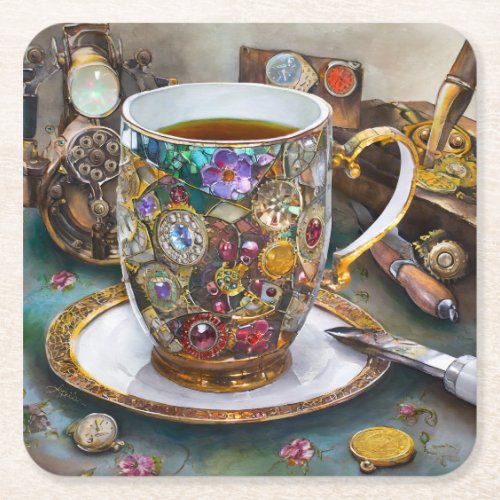 Tea Time With The Time Traveler Square Paper Coaster