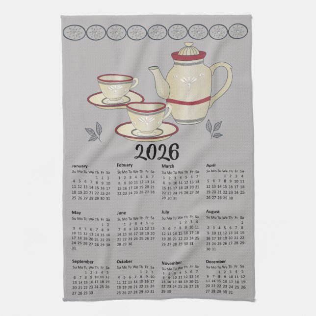 Tea Towel Calendar 2026 Cups and Teapot (Vertical)