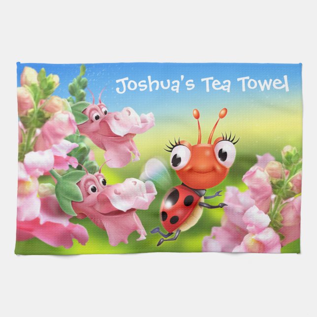 Tea Towel Ladybug flower garden. (Horizontal)