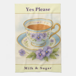 Tea Towel Vintage Teacup & Pansies Kitchen Decor