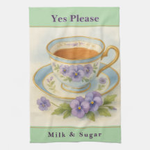 Tea Towel | Vintage Teacup & Pansies Milk & Sugar