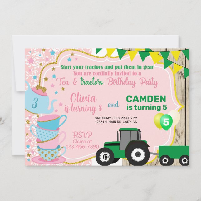 Tea & tractors siblings birthday invitation. invitation (Front)