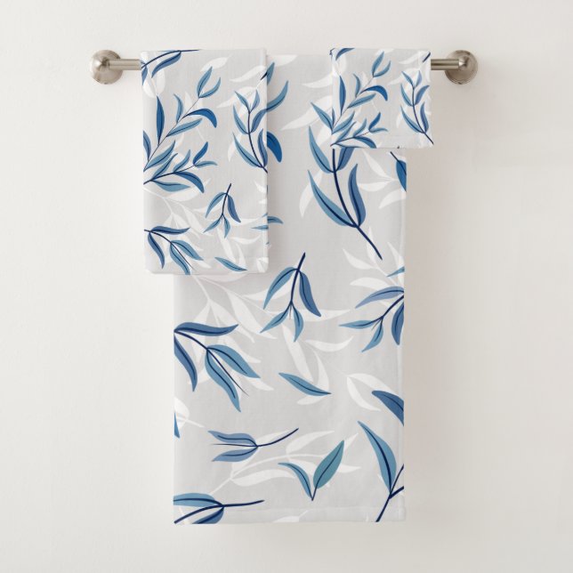 Tea Tree Leaves Teal Blue and Gray Towel Set (Insitu)