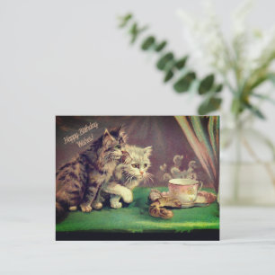 Tea Vintage Cats Birthday Wishes   POSTCARD