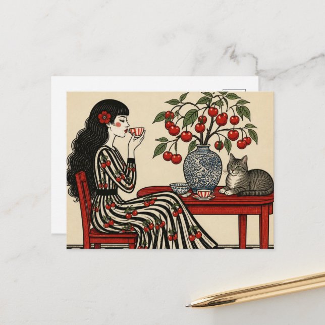 Tea With My Cat in my Cherry Dress Postcard (Front/Back In Situ)