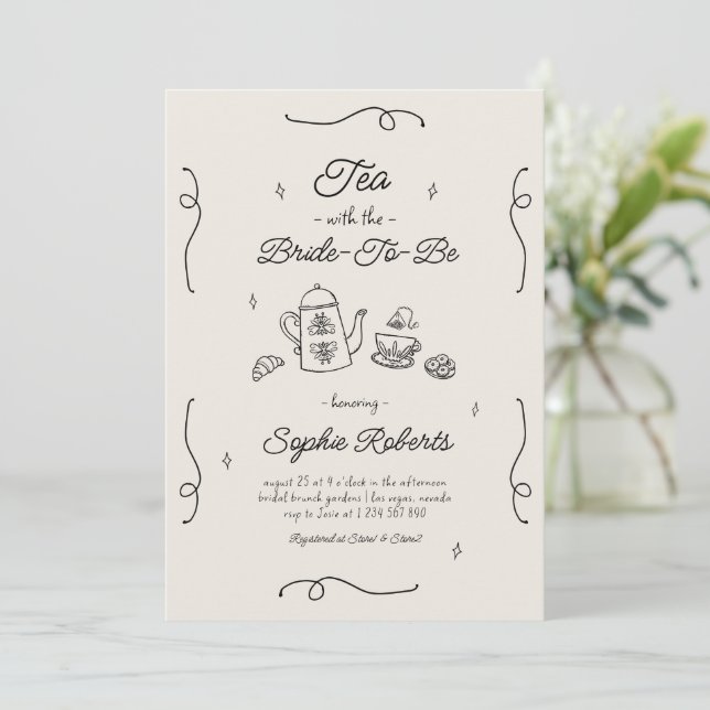 Tea with the Bride to be Hand Drawn Bridal Shower Invitation (Standing Front)