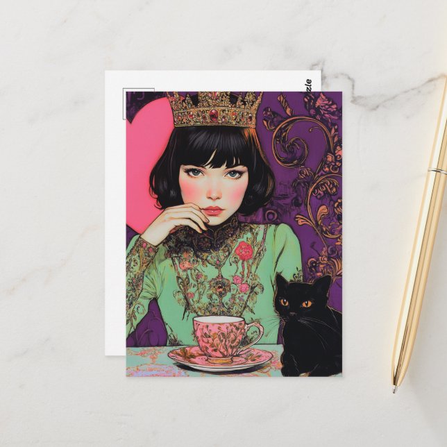 Tea With the Cat and the Queen Postcard (Front/Back In Situ)