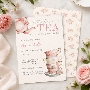 Tea with the Mom-to-be Pink Floral Baby Shower Invitation