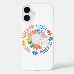 "Teach Accept Love Understand" Puzzle Piece Flower iPhone 16 Case