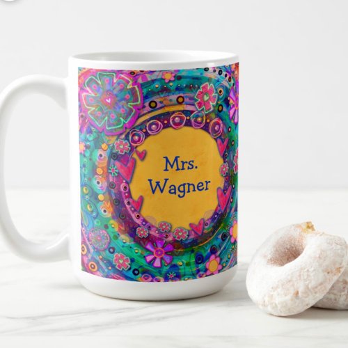 Teach Inspire Pretty Floral Teacher Name  Coffee Mug