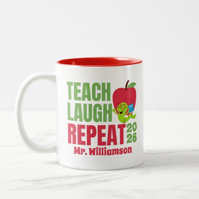 Teach, Laugh, Repeat Teacher Two-Tone Coffee Mug (Left)