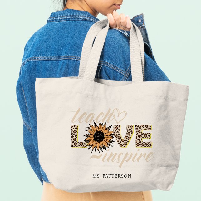 Teach Love Inspire Teacher Sunflower Modern Name Large Tote Bag (Creator Uploaded)