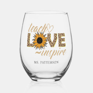 Teach Love Inspire Teacher Sunflower Modern Name Stemless Wine Glass