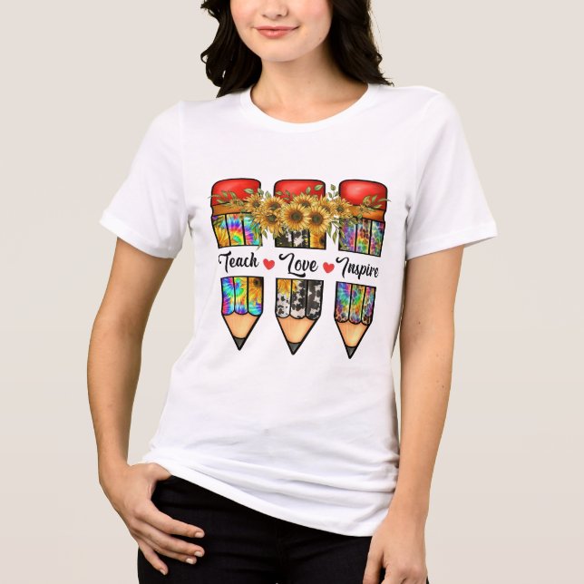 Teach Love Inspire Teacher T-Shirt | Sunflower Pen Tri-Blend Shirt (Front)
