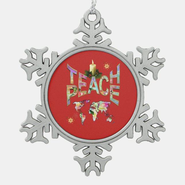 Teach-Peace  decor Snowflake Pewter Christmas Ornament (Front)