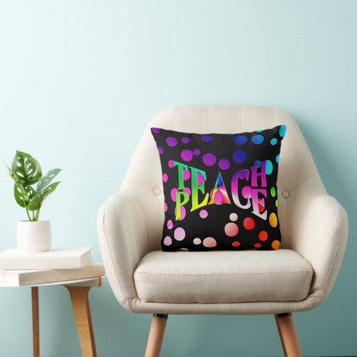 TEACH PEACE Rainbow Graphic On Polka Dots Throw Pillow