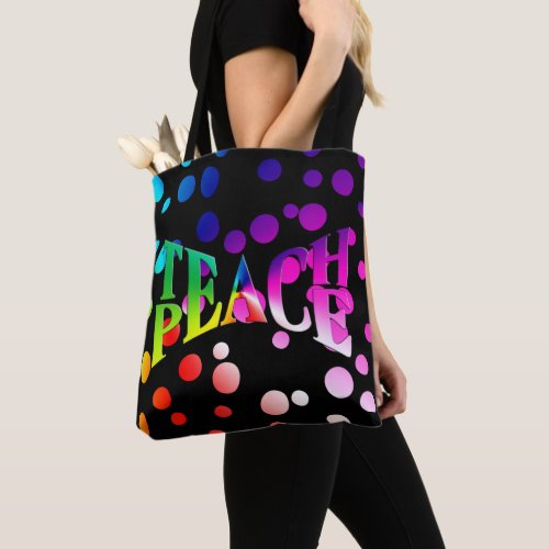 TEACH PEACE Rainbow Graphic On Polka Dots Tote Bag