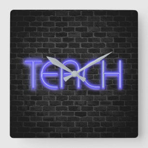 TEACH text in neon lights on brick Square Wall Square Wall Clock
