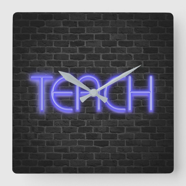 TEACH text in neon lights on brick Square Wall Square Wall Clock (Front)