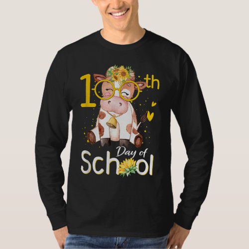 Teacher 100th Day Of School Cute Cow With Sunflowe T_Shirt