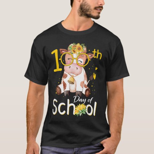 Teacher 100th Day Of School Cute Cow With Sunflowe T_Shirt