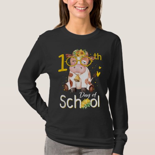 Teacher 100th Day Of School Cute Cow With Sunflowe T_Shirt