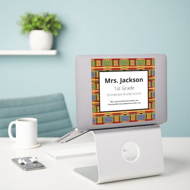 Teacher 1st Grade Laptop Kente K84 Vinyl Sticker (Laptop On Desk)