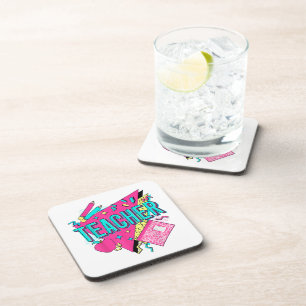 Teacher 90s Retro Colorful Teacher Back To School Beverage Coaster