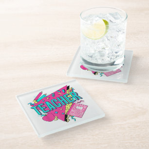 Teacher 90s Retro Colorful Teacher Back To School Glass Coaster
