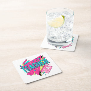Teacher 90s Retro Colorful Teacher Back To School Square Paper Coaster