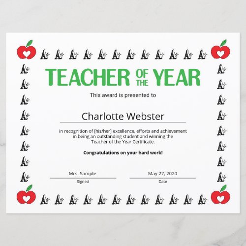 Teacher Achievement Teacher of the YearCertificate