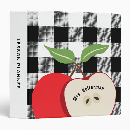 Teacher Apple Black White Buffalo Plaid Monogram 3 Ring Binder