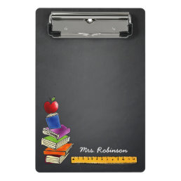 Teacher Apple Book Stack Chalkboard Monogram Name Mini Clipboard