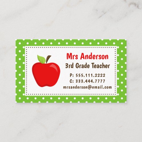 Teacher Apple Green Polka Dots Business Card